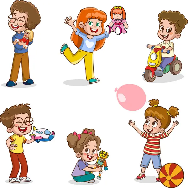 Set Verzameling Van Vector Schattige Baby Kids Personages Spelen Met — Stockvector