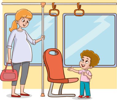 Vector illustration of little boy giving way to pregnant woman in public transport clipart