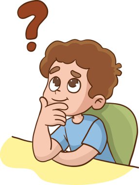 Soru işareti geçmişi olan bir çocuk. Büyük soru ve çözüm. Komik çizgi film karakteri. Vektör çizimi. Beyaz arkaplanda izole