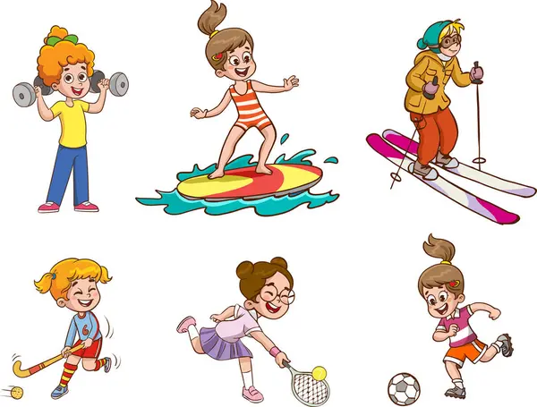 Girls Playing Sports Kids Set Vector Illustration — Stock Vector
