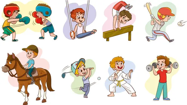 Set Van Kinderen Spelen Verschillende Sport Vector Illustratie — Stockvector