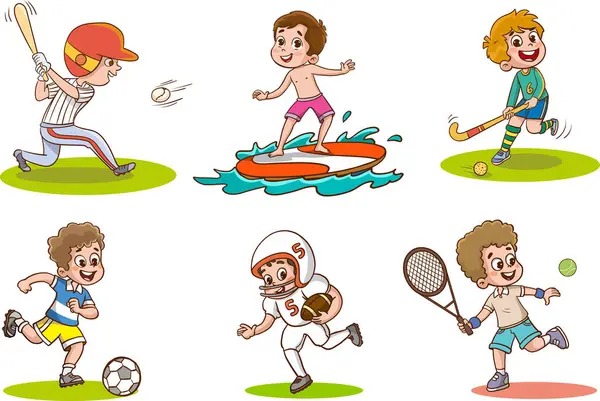 Set Kids Playing Different Sports Vector Illustration — Stock Vector