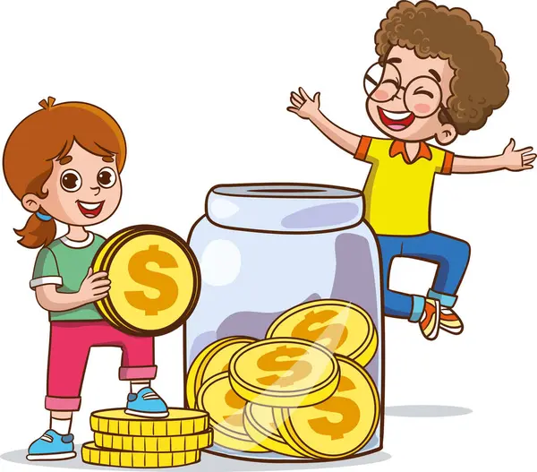 Boys Girls Putting Money Piggy Bank Fundraising Concept Vector Cartoon — Stock Vector