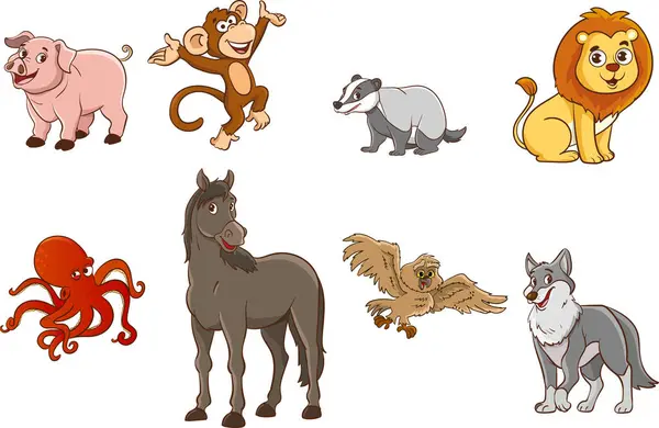 Set Cute Cartoon Animals Big Vector Set Cartoon Applicated Animals — стоковый вектор