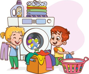 Küçük mutlu çocuklar çamaşır makinesiyle günlük ev işlerini yapıyor, bir sepet dolusu çamaşır tutuyorlar..