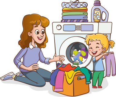 Çocuk çamaşır makinesinden giysileri çıkarması için annesine yardım etmek istiyor. Karakter tasarımı. Vektör düz resimleme