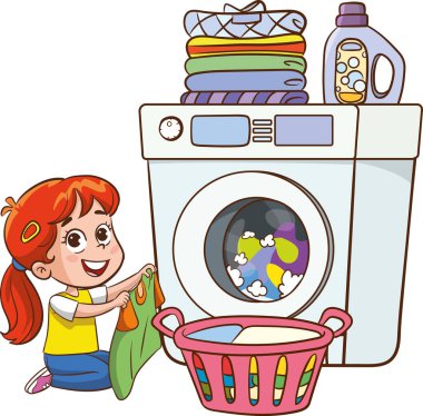 Küçük mutlu çocuklar çamaşır makinesiyle günlük ev işlerini yapıyor, bir sepet dolusu çamaşır tutuyorlar..