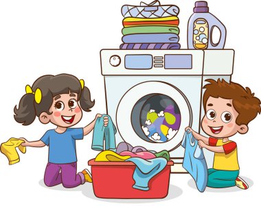 Küçük mutlu çocuklar çamaşır makinesiyle günlük ev işlerini yapıyor, bir sepet dolusu çamaşır tutuyorlar..