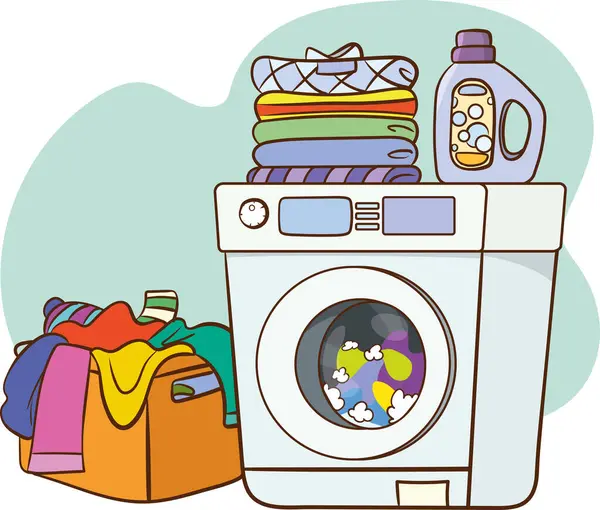 Waschmaschine Mit Wäsche Und Leinen Vektor Illustration Flache Waschmaschine Cartoon — Stockvektor