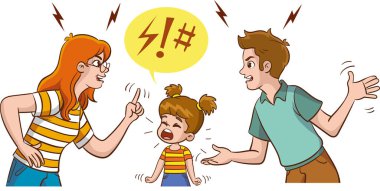 Kızgın anne ve baba çocuklarının önünde kavga ettiler. Kavga eden erkek ve kadın çift kızı üzüyor. İlişki çatışması, boşanma sorunu düz vektör çizimi