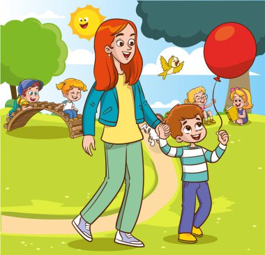 Şehir parkında mutlu bir aile yürüyüşü. Baba, anne, oğul ve kız açık havada birlikteler. Çizgi film tarzında vektör illüstrasyonu
