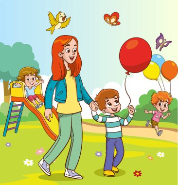 Şehir parkında mutlu bir aile yürüyüşü. Baba, anne, oğul ve kız açık havada birlikteler. Çizgi film tarzında vektör illüstrasyonu