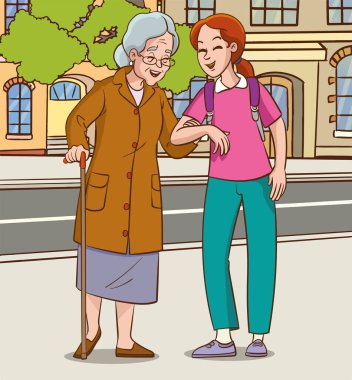 Genç bir kız kadına yardım ediyor. Park vektör çiziminde yürüyen yaşlı kadın ve kız