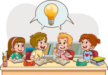 Şirin çocuklar grup çalışması yapıyor, beyin fırtınası yapıyor ve birlikte çalışıyorlar. vektör illüstrasyonu