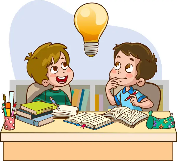 Cute Kids Doing Group Work Brainstorming Working Together Vector Illustration — Archivo Imágenes Vectoriales