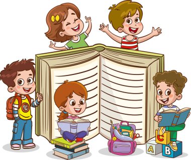 Çocuk Eğitimi için Modern Kitap 'ın Vektör İllüstrasyonu. Mutlu Tatlı Çizgi Film Okulu Çocukları. Çalışan ve Öğrenen Mutlu Çocuklar.