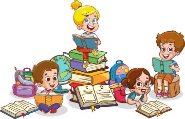 Çocuk Eğitimi için Modern Kitap 'ın Vektör İllüstrasyonu. Mutlu Tatlı Çizgi Film Okulu Çocukları. Çalışan ve Öğrenen Mutlu Çocuklar.