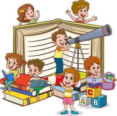 Çocuk Eğitimi için Modern Kitap 'ın Vektör İllüstrasyonu. Mutlu Tatlı Çizgi Film Okulu Çocukları. Çalışan ve Öğrenen Mutlu Çocuklar.