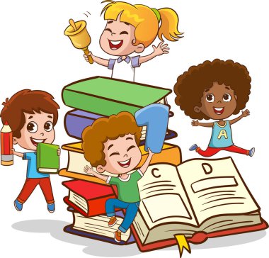 Çocuk Eğitimi için Modern Kitap 'ın Vektör İllüstrasyonu. Mutlu Tatlı Çizgi Film Okulu Çocukları. Çalışan ve Öğrenen Mutlu Çocuklar.