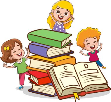 Çocuk Eğitimi için Modern Kitap 'ın Vektör İllüstrasyonu. Mutlu Tatlı Çizgi Film Okulu Çocukları. Çalışan ve Öğrenen Mutlu Çocuklar.