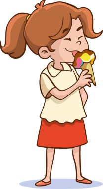 Dondurmasıyla mutlu olan küçük tatlı kızın vektör çizimi..
