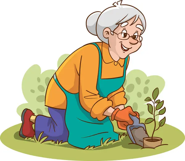 Vektorillustration Einer Alten Frau Beim Pflanzen Von Blumen Stockvektor