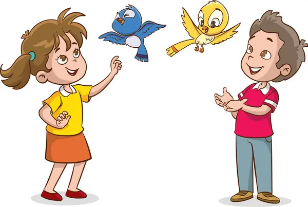 Bambini Divertono Con Gli Uccelli Illustrazione Vettoriale Con Bambini Carini Grafiche Vettoriali