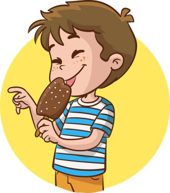 Waffle külahında dondurma yiyen tatlı çocuğun vektör çizimi