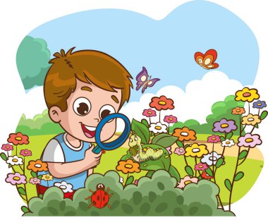 Yaprak üzerindeki tırtılı mercekle inceleyen çocukların vektör çizimi