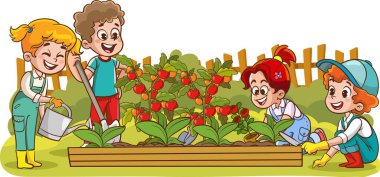 Mutlu küçük çocuklar aileleriyle çiçek ekiyor. Çocuklar da anne ve babalarına bahçe işlerinde yardım ediyor.