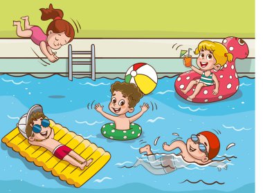 Su parkındaki çocuklar yüzme havuzunda eğleniyorlar. Açık hava etkinliği kavramı çizgi film vektörü illüstrasyonu.