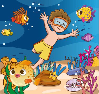 Çocuklar suyun altına dalarken eğleniyor. Komik çizgi film karakteri. Vektör çizimi, denize dalan sevimli çocuklar. Çizgi film çocukları okyanusta şnorkelle yüzüyor.. 