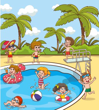 Su parkındaki çocuklar yüzme havuzunda eğleniyorlar. Açık hava etkinliği kavramı çizgi film vektörü illüstrasyonu.