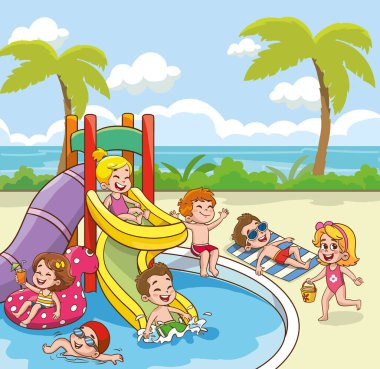 Yaz kampında yüzme havuzunda eğlenen sevimli çocuklar. Çocuklar arka bahçede eğleniyor. Çocuklar açık havuzda oynuyorlar. Su sıçramalı yaz kampı aktiviteleri. Yaz arkaplanı.