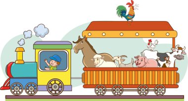 Hayvanlı şirin tren vektör çizimi. Çizgi film izole edilmiş neşeli hayvanlar oyuncak tren lokomotifi ve gökkuşağı vagonları vektör illüstrasyonuna binerler..