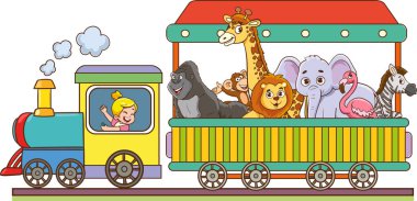 Hayvanlı şirin tren vektör çizimi. Çizgi film izole edilmiş neşeli hayvanlar oyuncak tren lokomotifi ve gökkuşağı vagonları vektör illüstrasyonuna binerler..