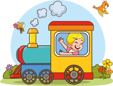 Trenle mutlu çocukların vektör çizimi. Komik çocuklar trene biniyor.