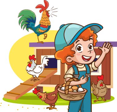 Çiftlikteki çiftlik hayvanlarıyla mutlu çiftçi çocukların vektör çizimi.