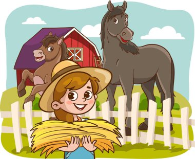 Çiftlikteki çiftlik hayvanlarıyla mutlu çiftçi çocukların vektör çizimi.