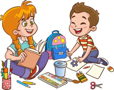 Küçük çocuklar ilginç bir kitap okurlar ve hayal güçleri gelişir. Vektör çizimi. Düz tasarım.