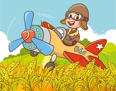 Çocuk gökyüzünde uçuyor. Uçaktaki çizgi film çocuk pilotu. Heyecan ve merakla dolu uçan maceracı çocuk. vektör gülümseyen uçak yolculuğu
