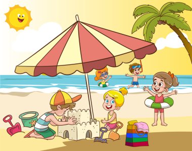 Şirin çocuklar kumdan kale yapıyorlar. Çocuklar deniz kenarındaki plajda oynuyorlar. Çocuk tarzında vektör illüstrasyonu.