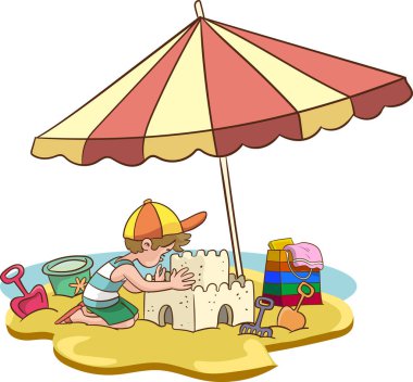 Şirin çocuklar kumdan kale yapıyorlar. Çocuklar deniz kenarındaki plajda oynuyorlar. Çocuk tarzında vektör illüstrasyonu.