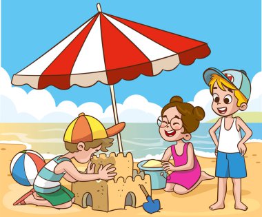 Şirin çocuklar kumdan kale yapıyorlar. Çocuklar deniz kenarındaki plajda oynuyorlar. Çocuk tarzında vektör illüstrasyonu.