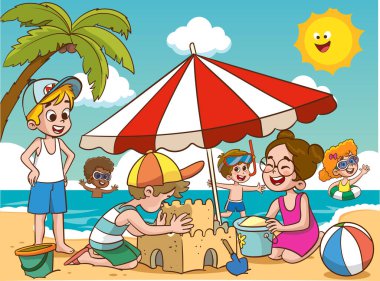 Şirin çocuklar kumdan kale yapıyorlar. Çocuklar deniz kenarındaki plajda oynuyorlar. Çocuk tarzında vektör illüstrasyonu.