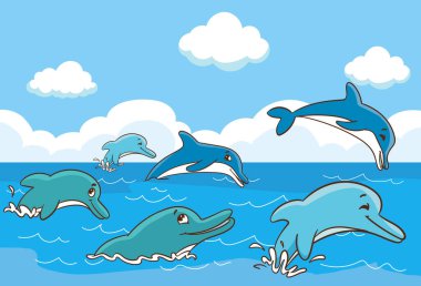 Denizde yüzen neşeli yunusların vektör çizimi