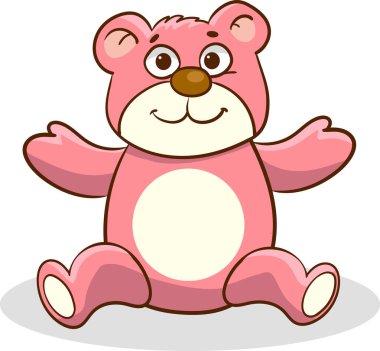 Vektör karikatür peluş, şirin, küçük oyuncak ayı. Hediyelerin en sevdiği oyuncak. Grafik çıkartması. Hafif arkaplan.