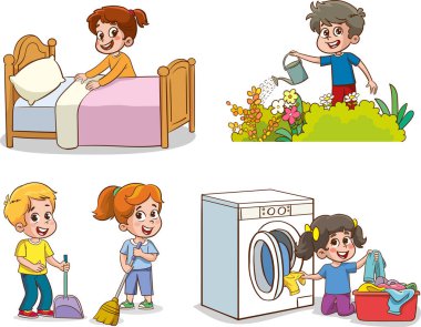 Çizgi filmdeki çocuklar ev işi yapıyor. Erkek ve kız, çamaşır yıkamada, yerleri süpürmede ve çöpleri dışarı çıkarmada ebeveynlere yardım ediyor. Temizlik ya da ev işleri vektörü yapan karakterler