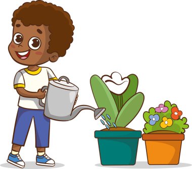 Çiçekleri sulayan küçük tatlı çocuk.