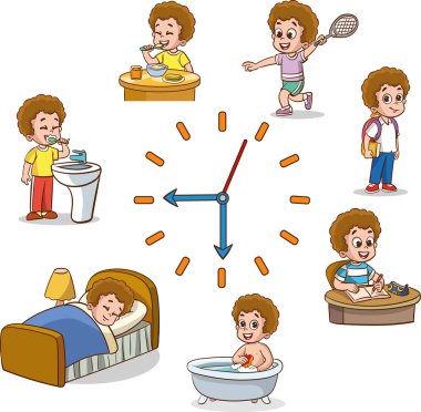 Günlük çocuk rutini. Çocuklar günlük aktiviteler ve alışkanlıklar. Saati çevir. Programda çocuklar var. Hijyen ya da ders çalışmak. Gençler yer ve uyur. Eğitim ya da okuma zamanı